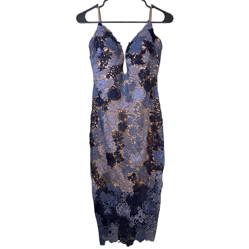 Jovani Blue Crochet Floral Dress - Size 0 - Picture 4 of 16